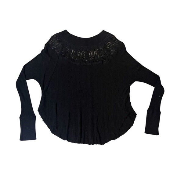 FREE PEOPLE Spring Valley Lace-Trim Top Small Black Long Sleeve Waffle Oversized - Picture 1 of 6